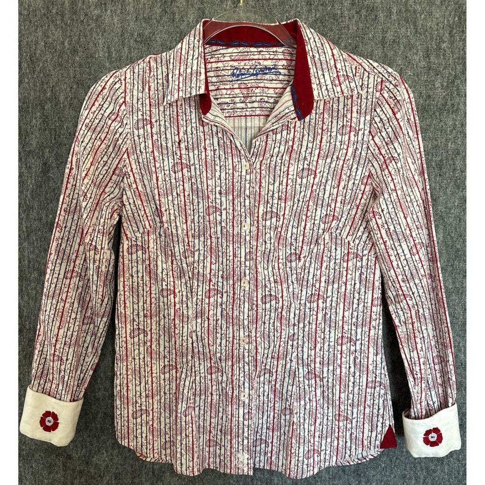 Robert Graham Womens Red Paisley Stripe Button Down Shirt Floral Cuffs Small